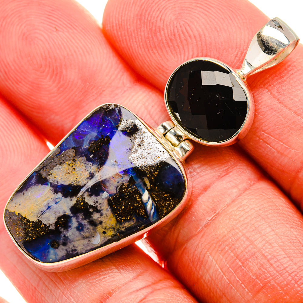 Boulder Opal, Black Onyx 925 Sterling Silver Pendant 2" (925 Sterling Silver) PD38378