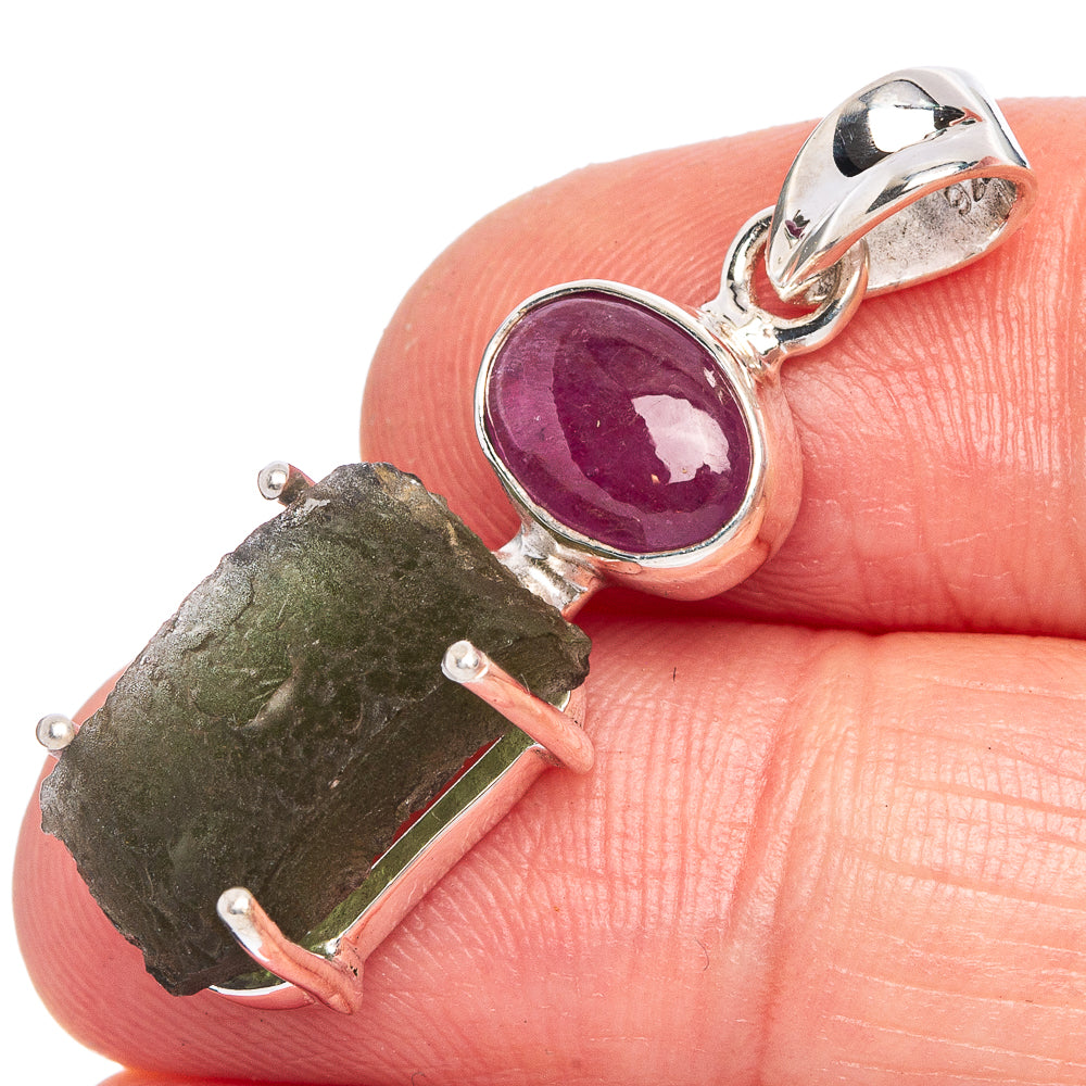 Rare Czech Moldavite, Garnet Pendant 1 3/8" (925 Sterling Silver) P40420