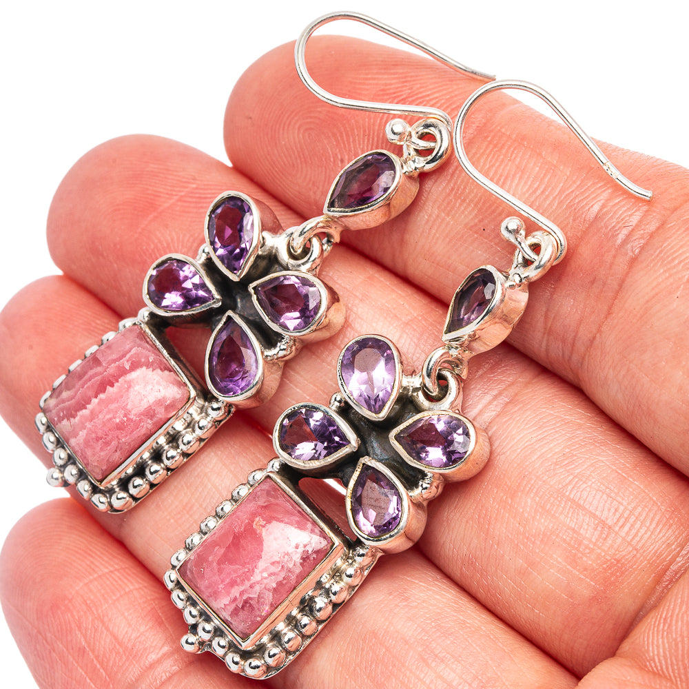 Premium Rhodochrosite, Amethyst Earrings 2 1/8" (925 Sterling Silver) E1769