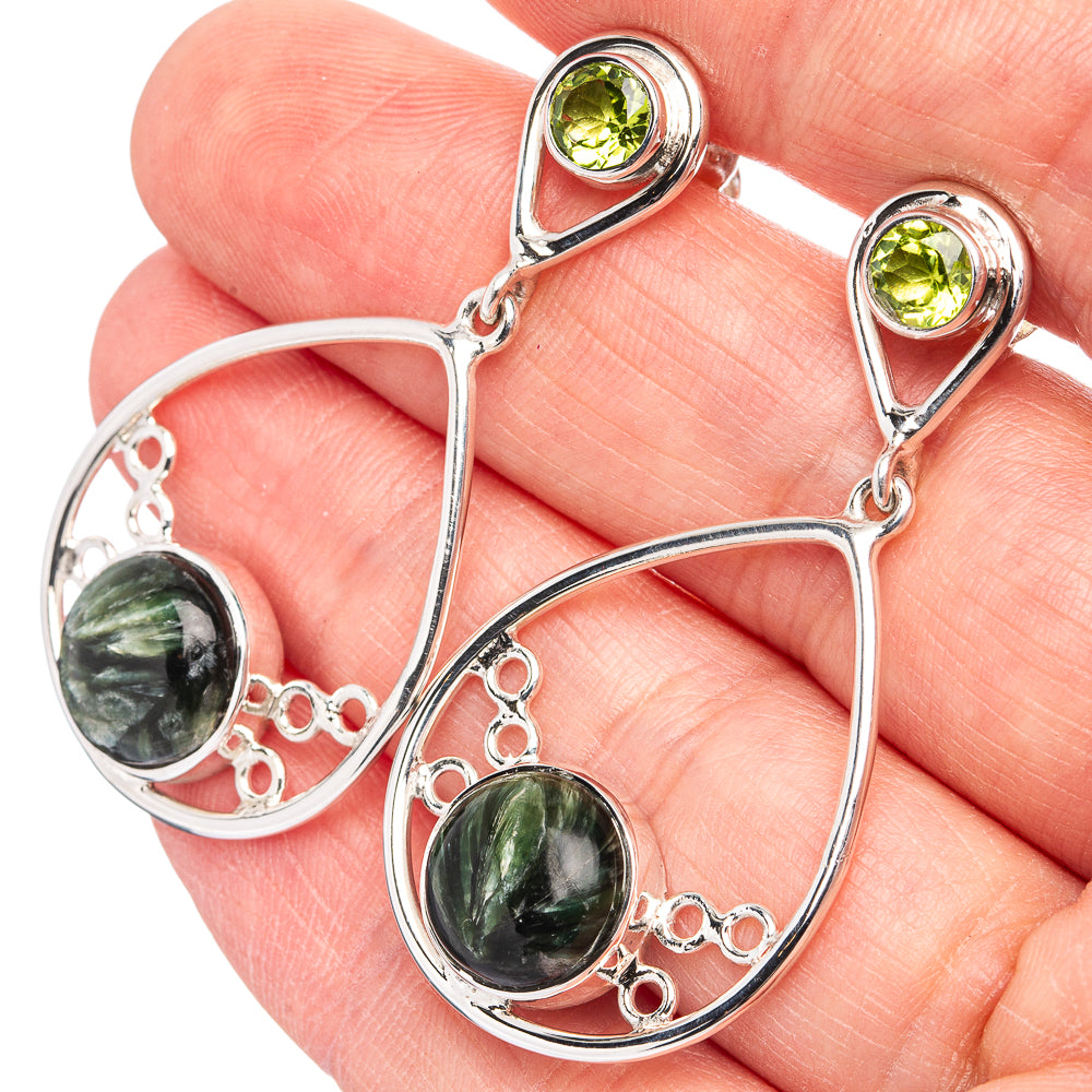 Premium Seraphinite, Peridot Earrings 1 3/4" (.925 Sterling Silver)