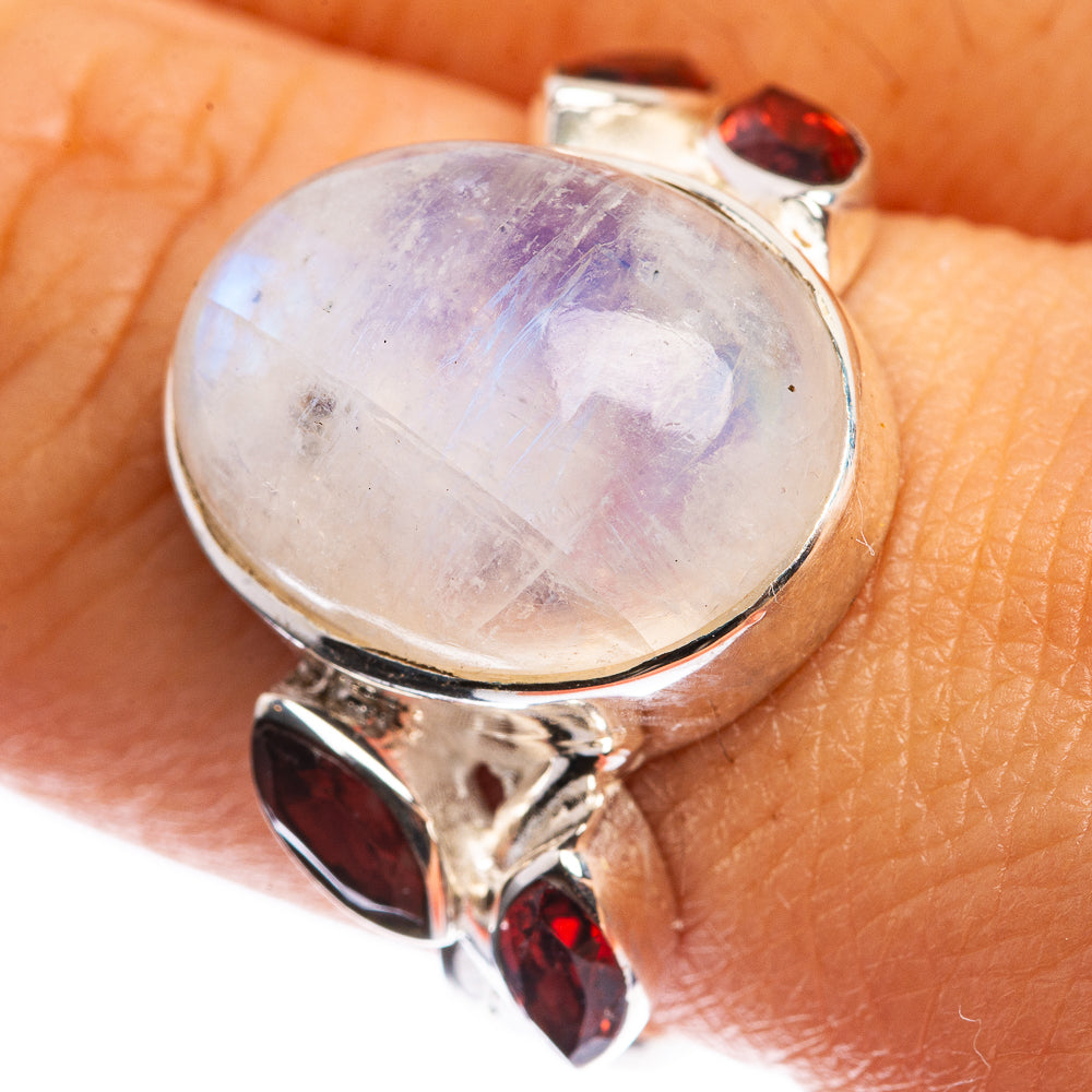 Rainbow Moonstone, Garnet 925 Sterling Silver Ring Size 8.5