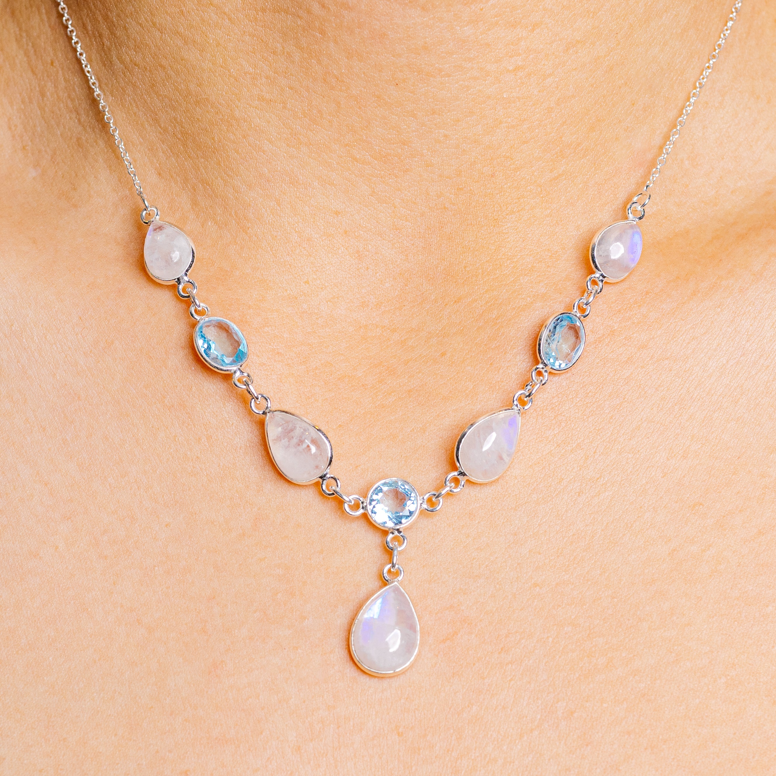 Rainbow Moonstone, Blue Topaz Necklace 16 to 18" (.925 Sterling Silver)