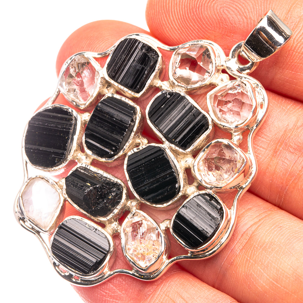 Signature Black Tourmaline, Herkimer Diamond Pendant 2" (925 Sterling Silver) P38730