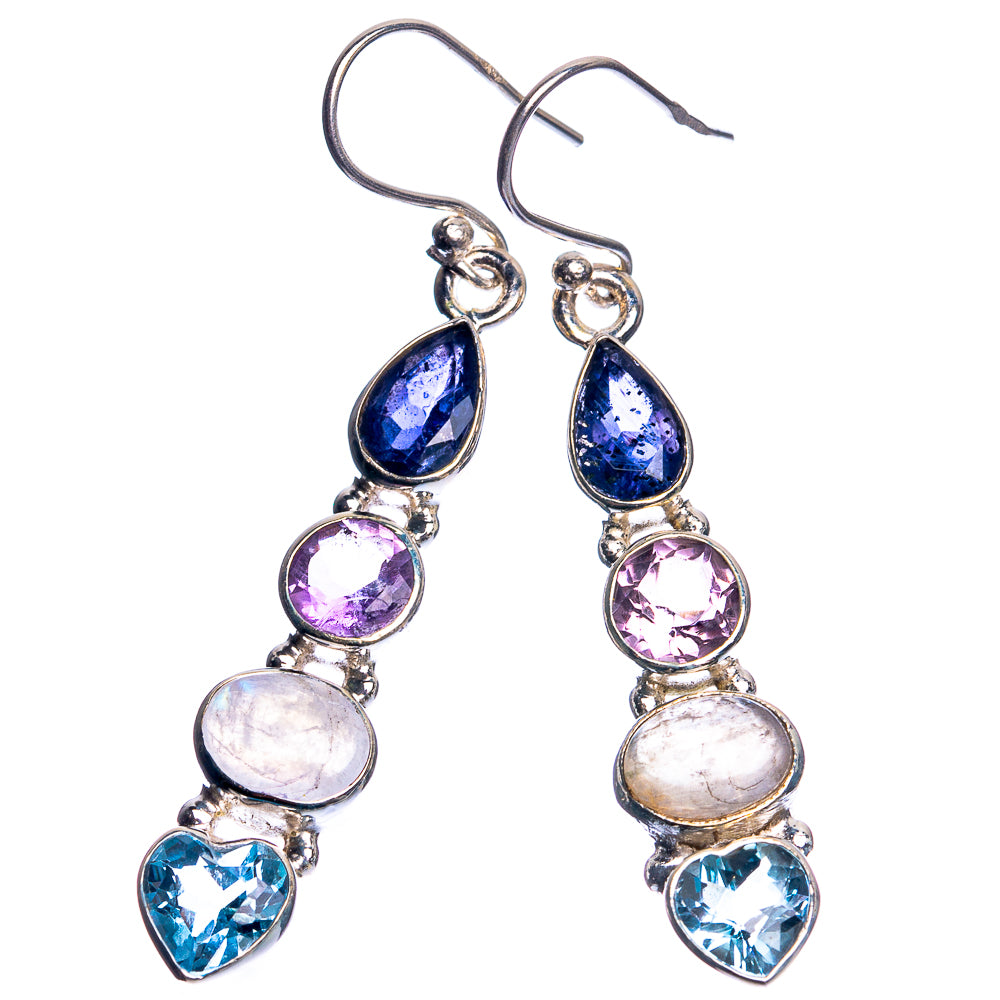 Rainbow Moonstone, Blue Topaz, Tanzanite, Amethyst 925 Sterling Silver Earrings 2"