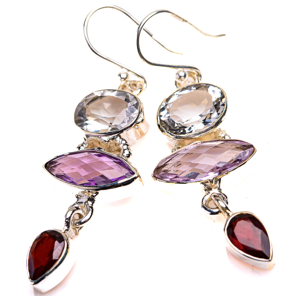 White Quartz, Amethyst, Garnet Earrings 1 7/8" (925 Sterling Silver) EARR432147