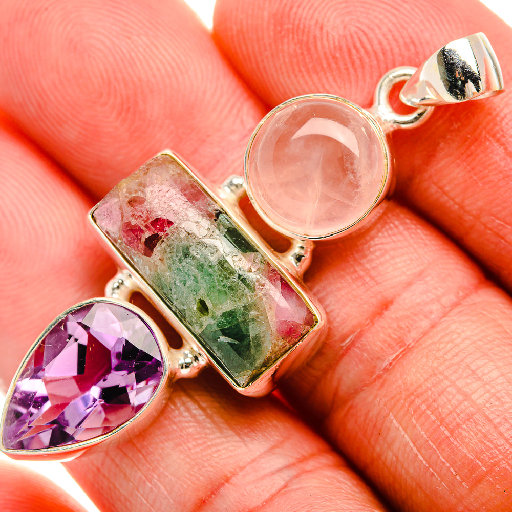 Natural Tourmaline, Amethyst, Rose Quartz 925 Sterling Silver Pendant 2" (925 Sterling Silver) PD38347