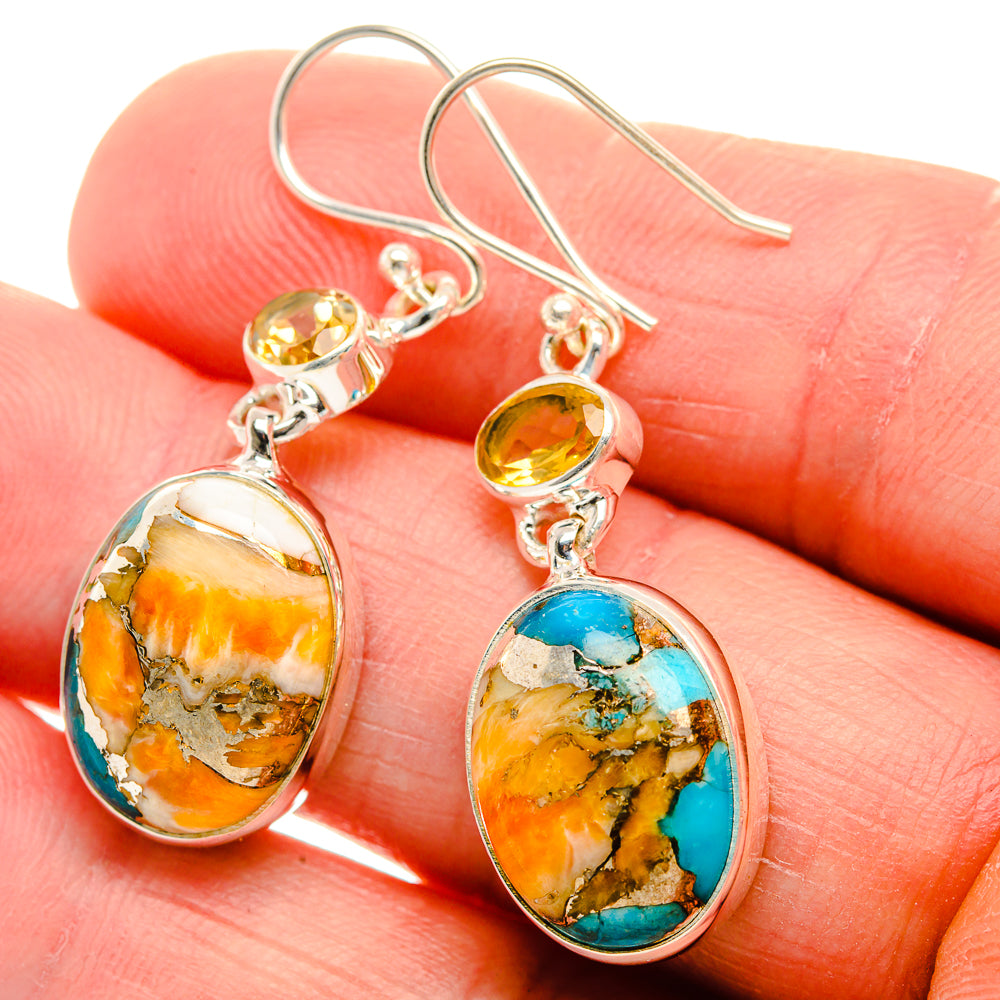 Spiny Oyster Turquoise, Citrine Earrings 1 3/4" (925 Sterling Silver) EARR432112
