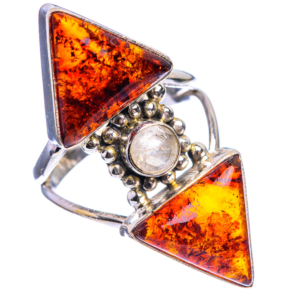 Large Baltic Amber, Rainbow Moonstone Ring Size 8 (925 Sterling Silver) R143036