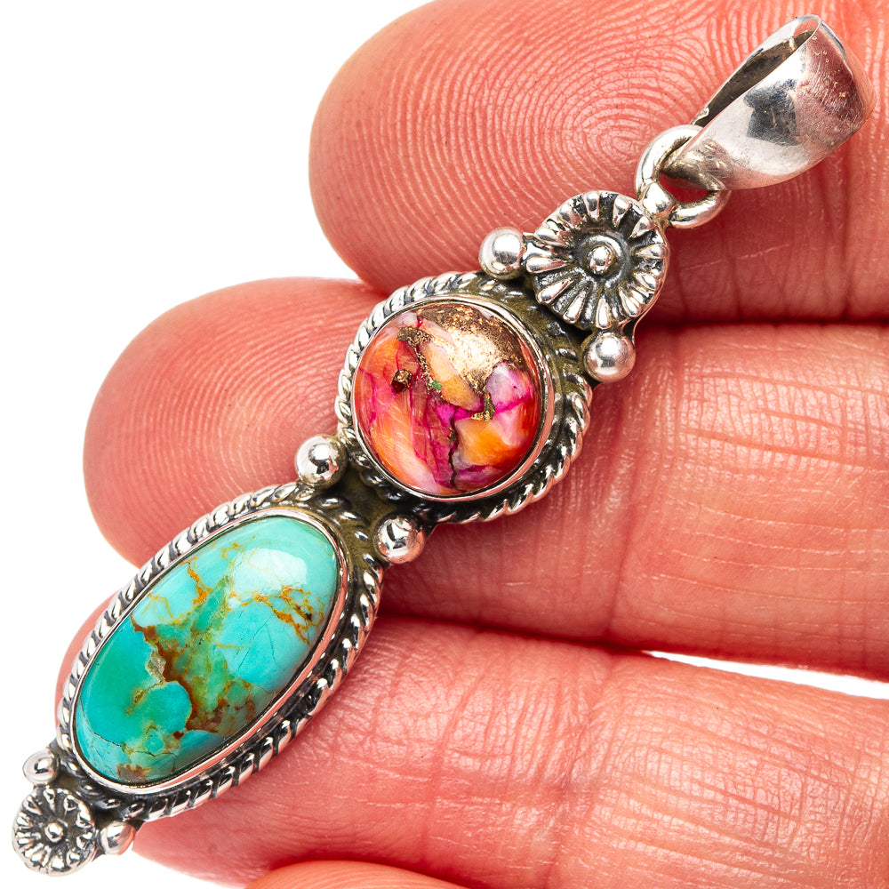 Native Style Pink Dahlia Mohave Turquoise, Mohave Turquoise Pendant 1 7/8" (.925 Sterling Silver)