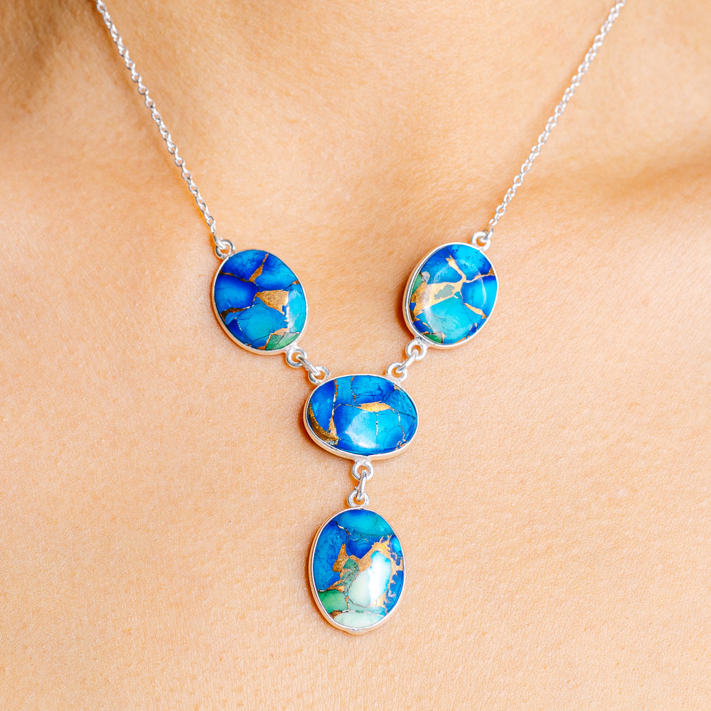 Ice Blue Dahlia Mohave Turquoise Necklace 17 to 19" (.925 Sterling Silver)