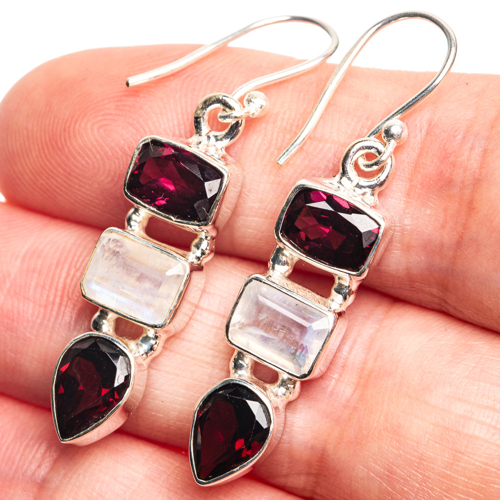 Rainbow Moonstone, Garnet Earrings 1 5/8" (925 Sterling Silver) E432730