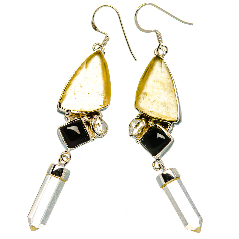 Signature Rough Libyan Desert Glass, Black Onyx, White Quartz Earrings 2 7/8" (925 Sterling Silver) EARR431982