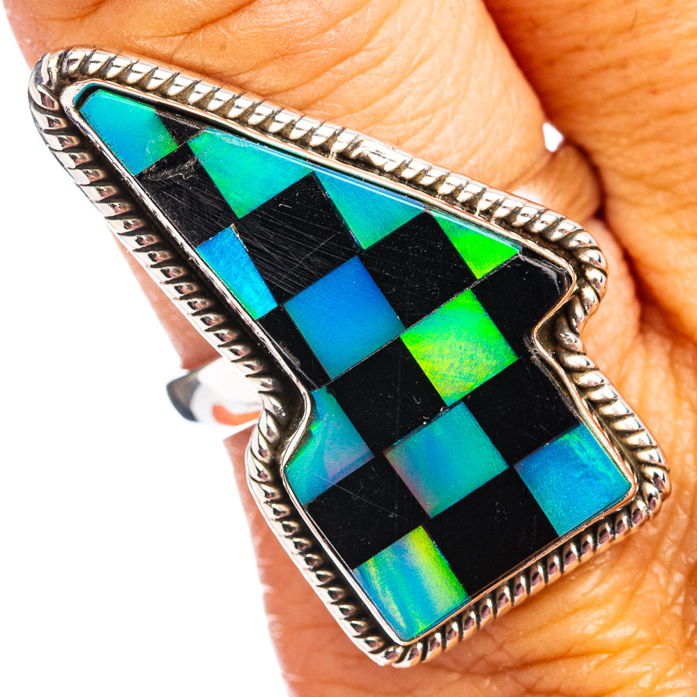 Premium Black Onyx & Aurora Opal Lightning Bolt Ring Size 9 (.925 Sterling Silver)