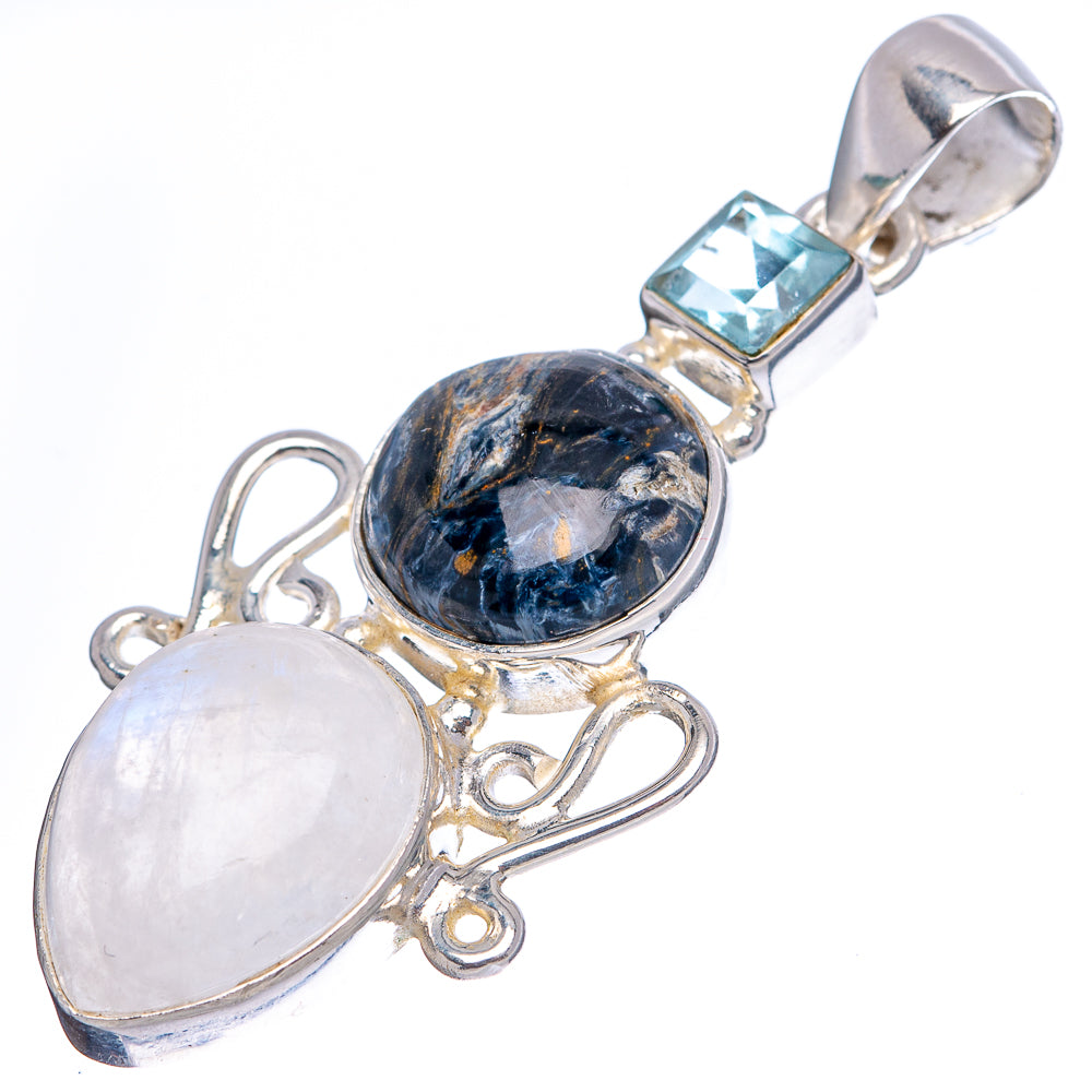 Premium Pietersite, Rainbow Moonstone, Blue Topaz Pendant 1 7/8" (.925 Sterling Silver)