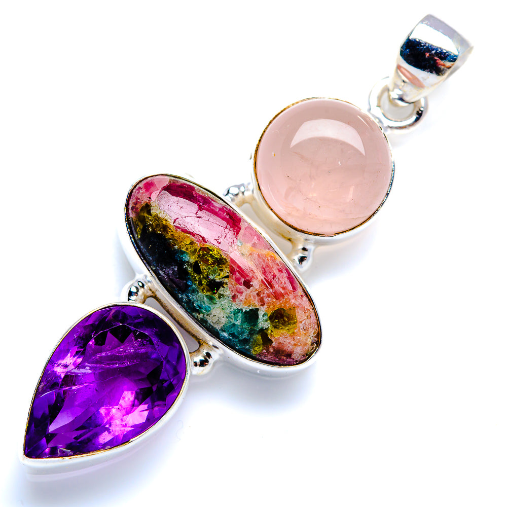 Natural Tourmaline, Rose Quartz, Amethyst 925 Sterling Silver Pendant 2" (925 Sterling Silver) PD38313