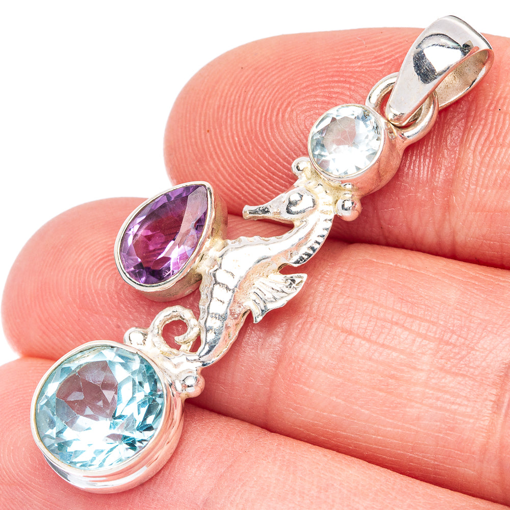 Blue Topaz, Amethyst Seahorse Pendant 1 5/8" (925 Sterling Silver) P41031