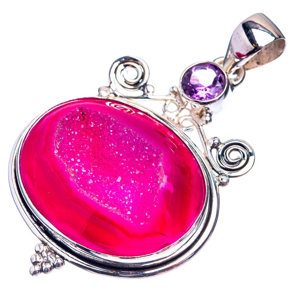 Pink Agate Druzy, Amethyst Pendant 1 7/8" (925 Sterling Silver) P38815