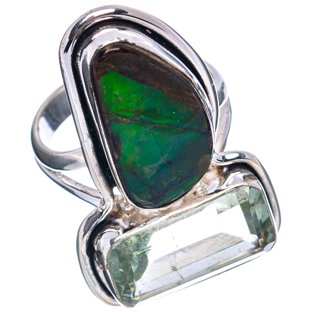 Premium Ammolite, Green Amethyst Ring Size 6 (.925 Sterling Silver)