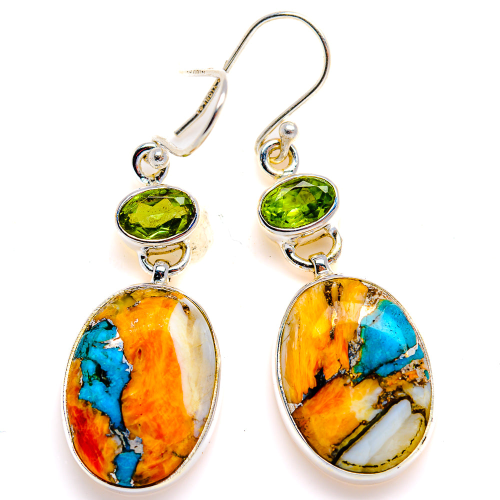 Spiny Oyster Turquoise, Peridot Earrings 1 3/4" (925 Sterling Silver) EARR432099