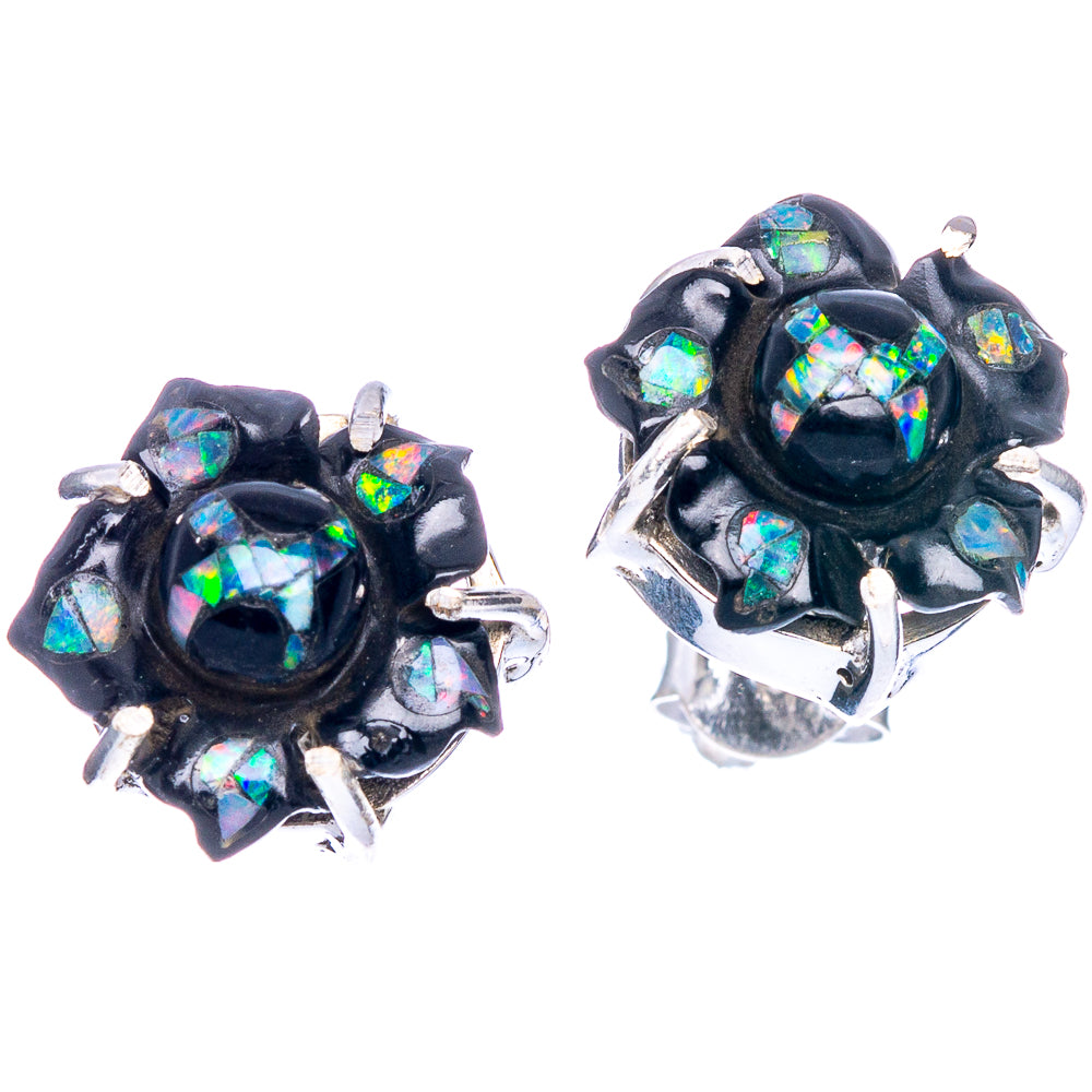 Rare Black Onyx Opal Earrings 1/2" (925 Sterling Silver) E1163
