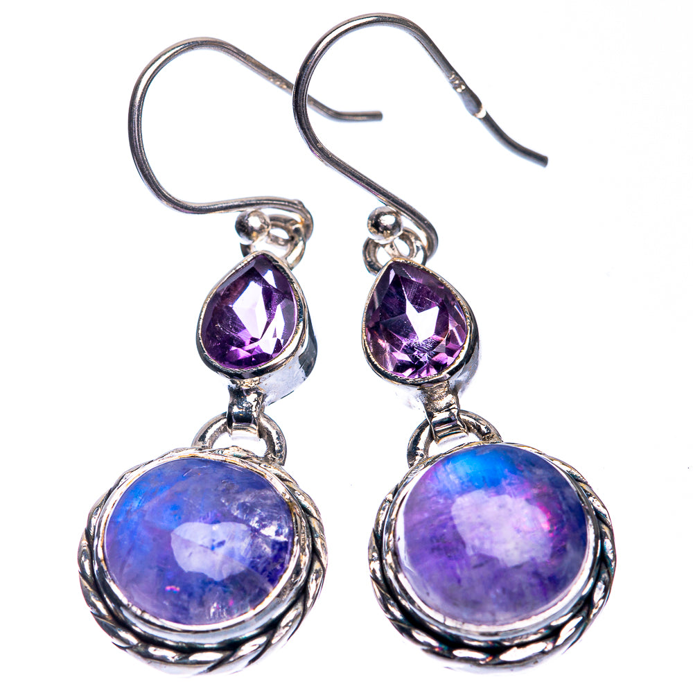 Rainbow Moonstone, Amethyst Earrings 1 5/8" (925 Sterling Silver) E432743