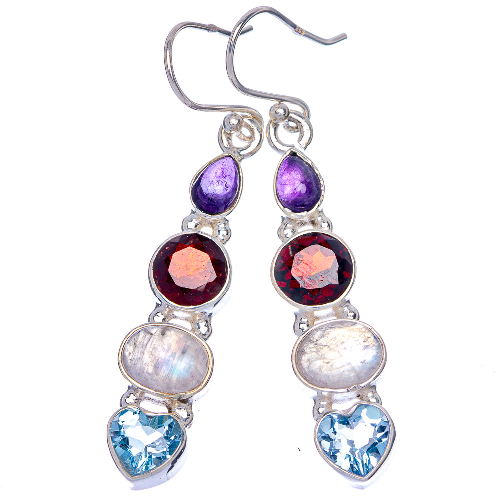 Rainbow Moonstone, Garnet, Amethyst, Blue Topaz Earrings 2" (925 Sterling Silver) E433108