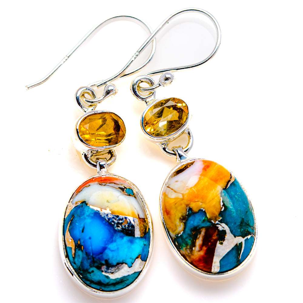 Spiny Oyster Turquoise, Citrine Earrings 1 3/4" (925 Sterling Silver) EARR432079