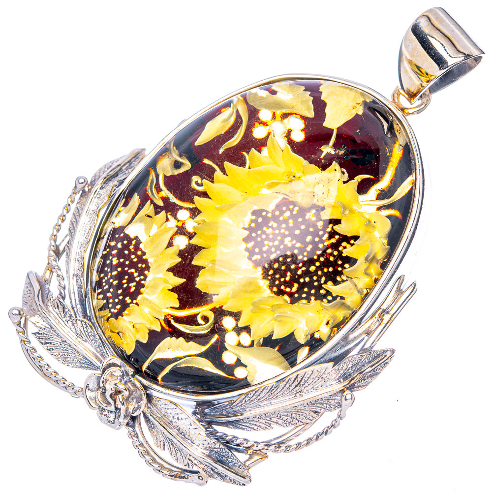 Amber Intaglio Sunflower Pendant 2 5/8" (925 Sterling Silver) P42592