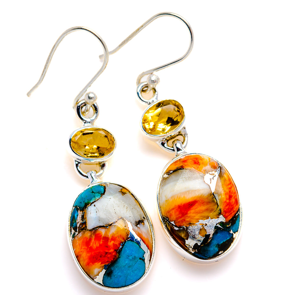 Spiny Oyster Turquoise, Citrine Earrings 1 3/4" (925 Sterling Silver) EARR432082