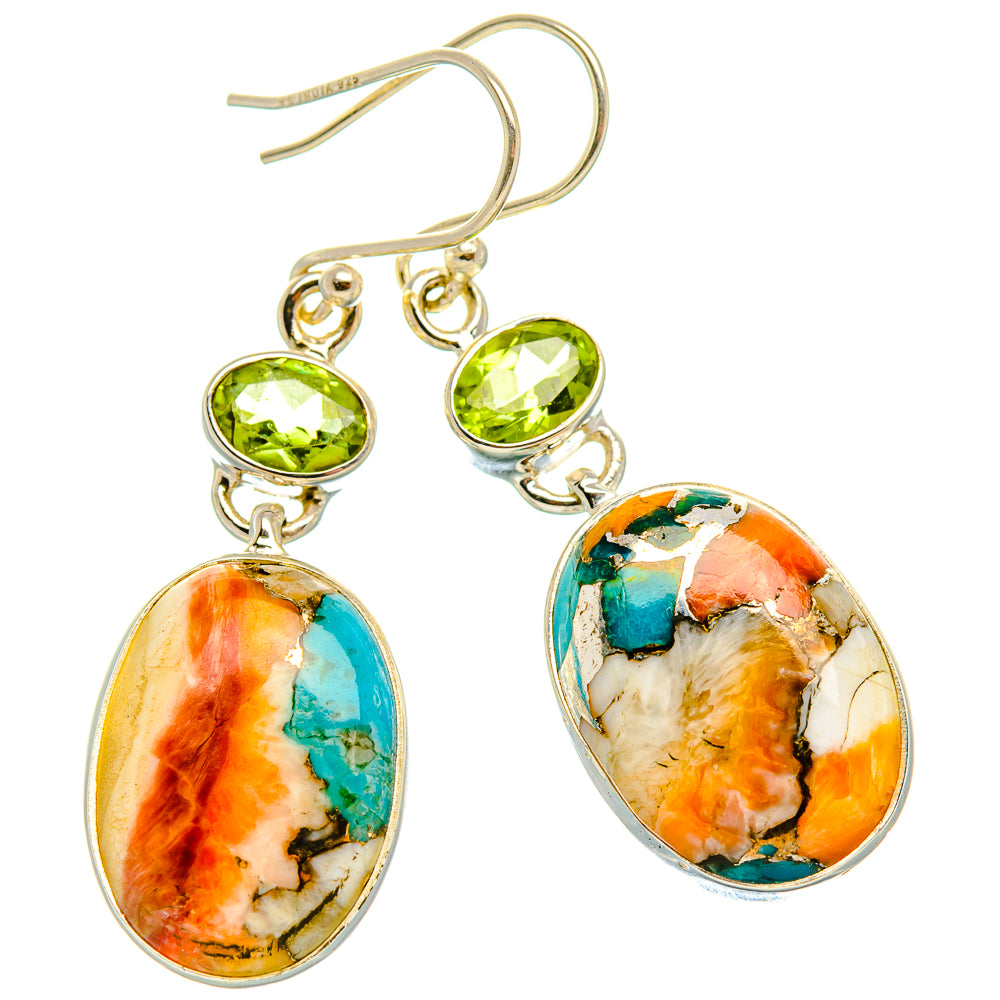 Spiny Oyster Turquoise, Peridot Earrings 1 3/4" (925 Sterling Silver) EARR432023