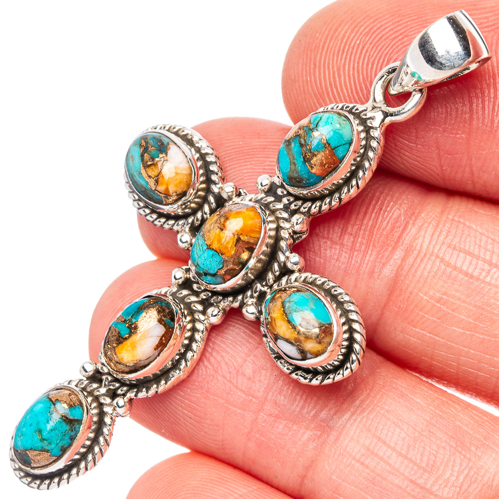 Spiny Oyster Turquoise Cross Pendant 2" (925 Sterling Silver) P43143