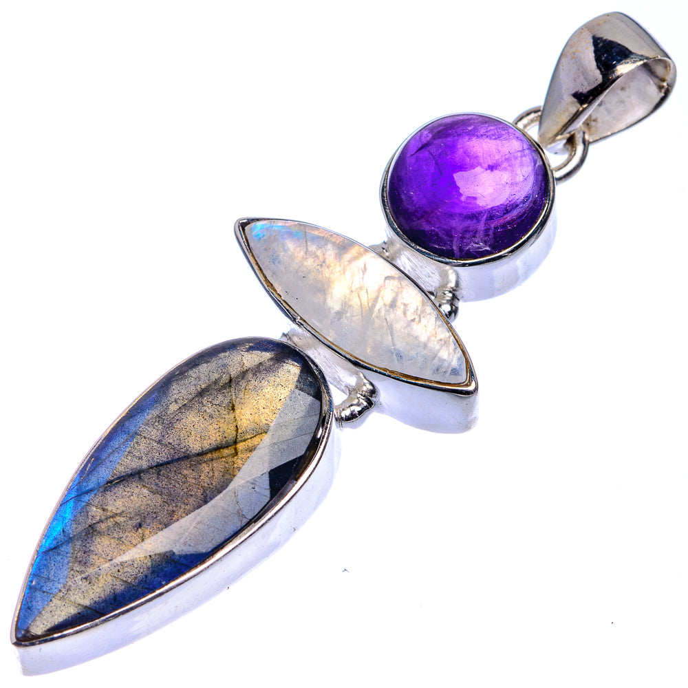 Labradorite, Rainbow Moonstone, Amethyst Pendant 2 1/4" (925 Sterling Silver) P39718