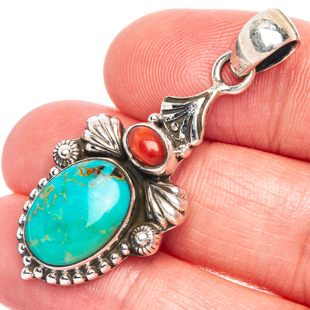 Tibetan Turquoise, Red Coral Pendant 1 5/8" (925 Sterling Silver) P40207