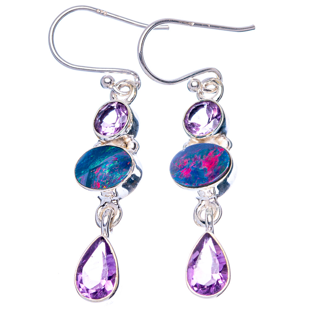 Rare Doublet Opal, Amethyst Earrings 1 5/8" (925 Sterling Silver) E1574