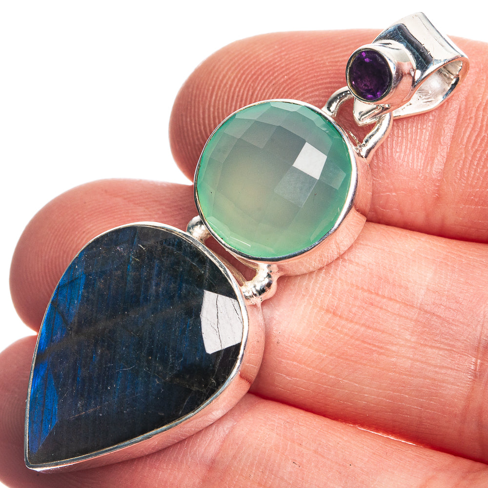 Labradorite, Aqua Chalcedony 925 Sterling Silver Pendant 1 3/4"