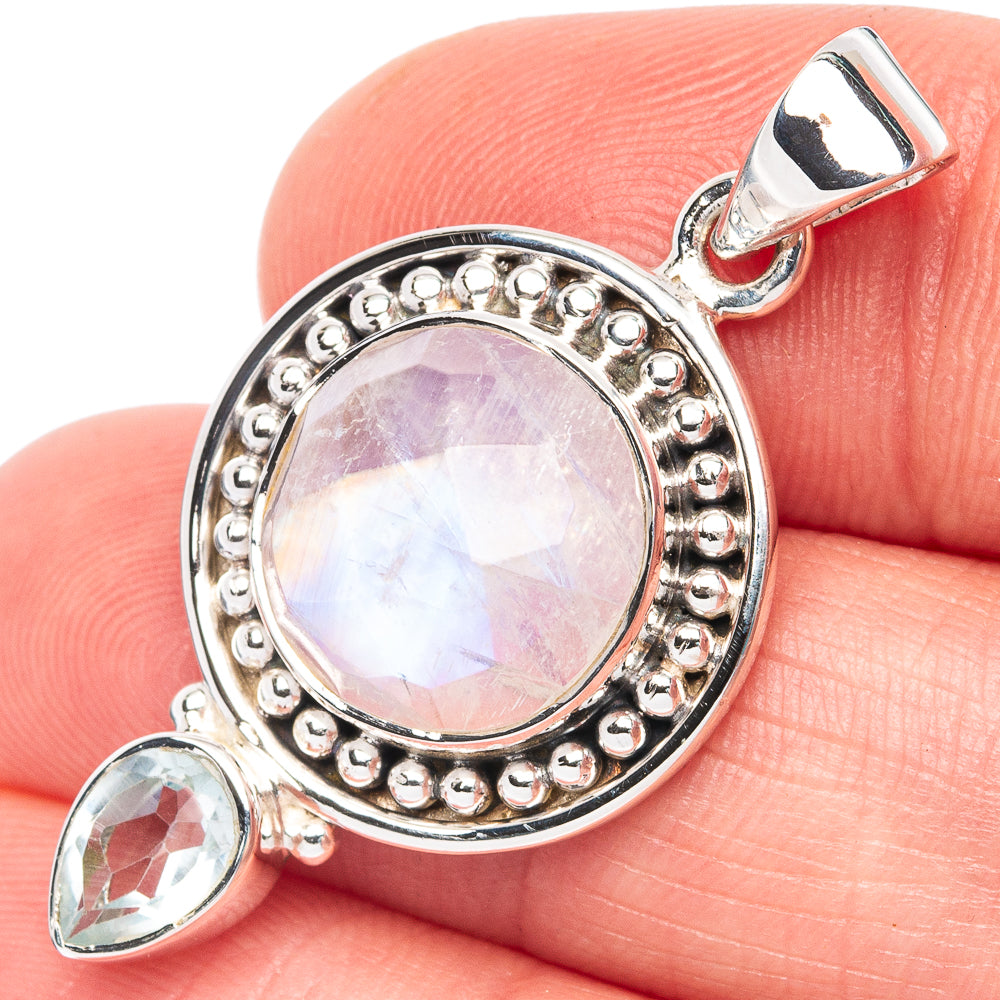 Premium Rainbow Moonstone, White Quartz Pendant 1 3/8" (925 Sterling Silver) P44681