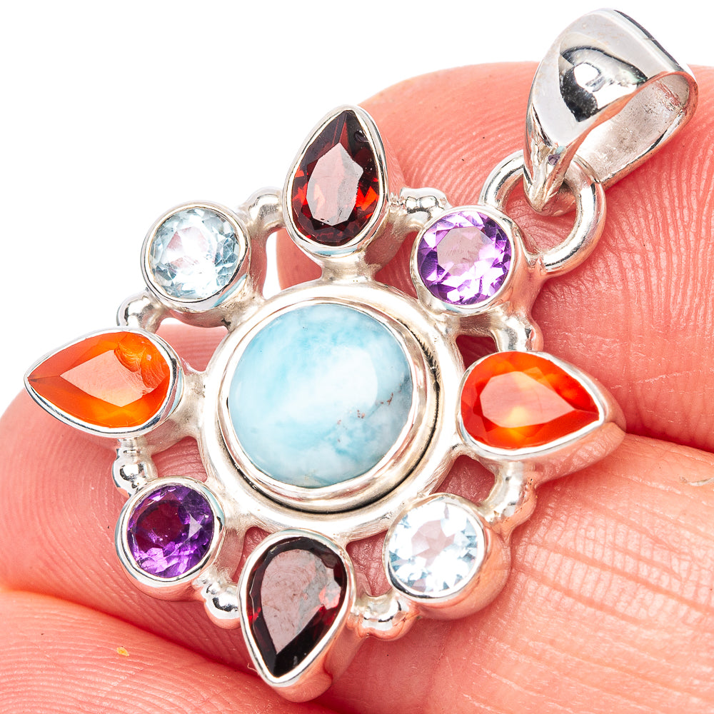 Larimar, Garnet, Amethyst, Carnelian, Blue Topaz Pendant 1 1/4" (925 Sterling Silver) P42737