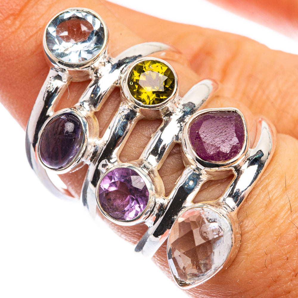Large Blue Topaz, Tanzanite, Peridot, Amethyst, Ruby, White Quartz Ring Size 6.75 (925 Sterling Silver) RING143351