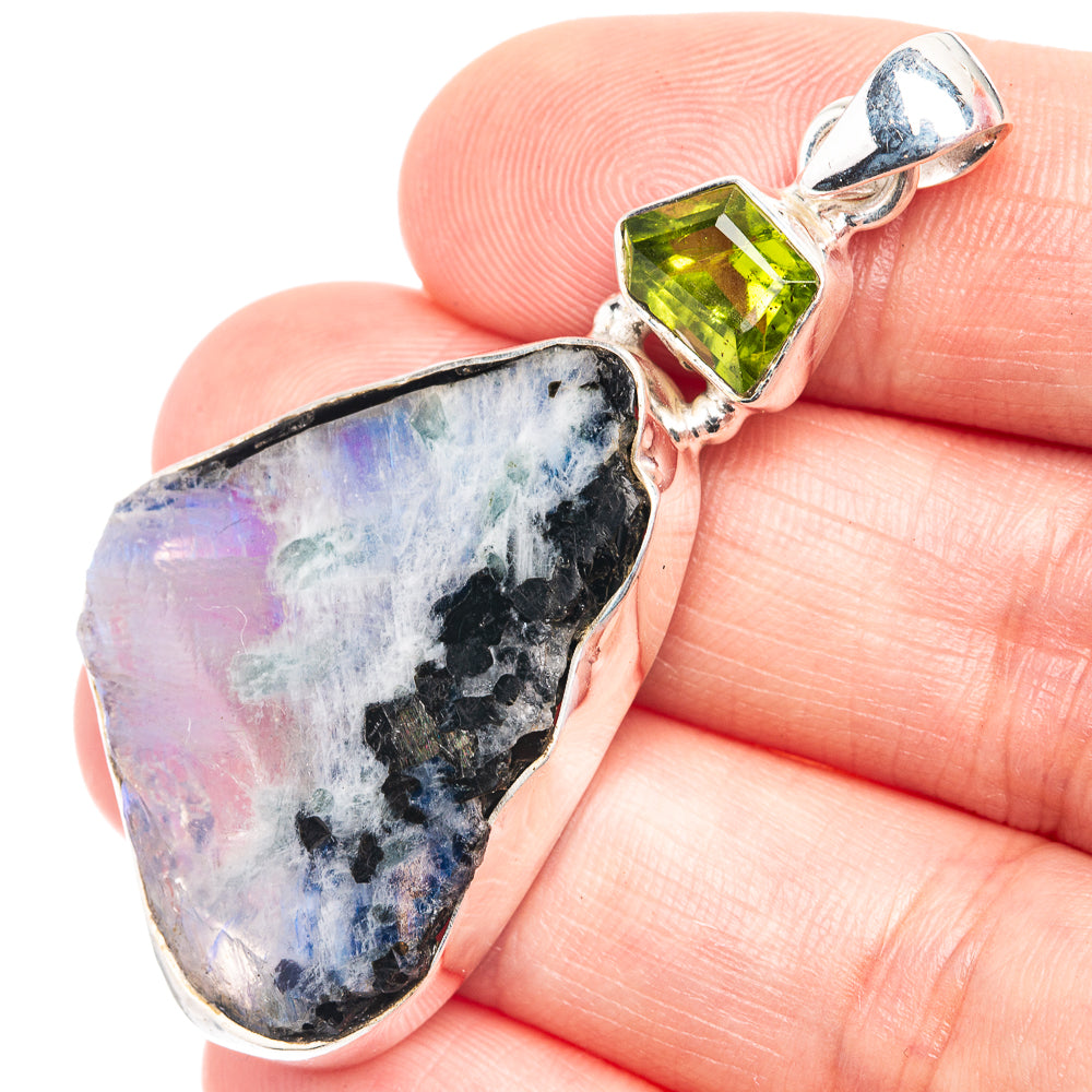 Raw Rainbow Moonstone, Peridot Pendant 2 1/8" (925 Sterling Silver) P39274