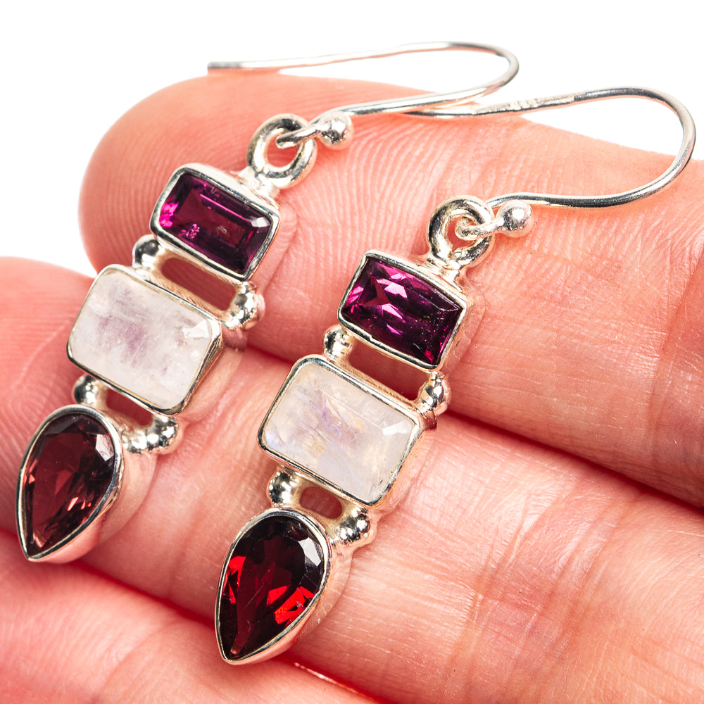 Rainbow Moonstone, Garnet Earrings 1 1/2" (925 Sterling Silver) E432755