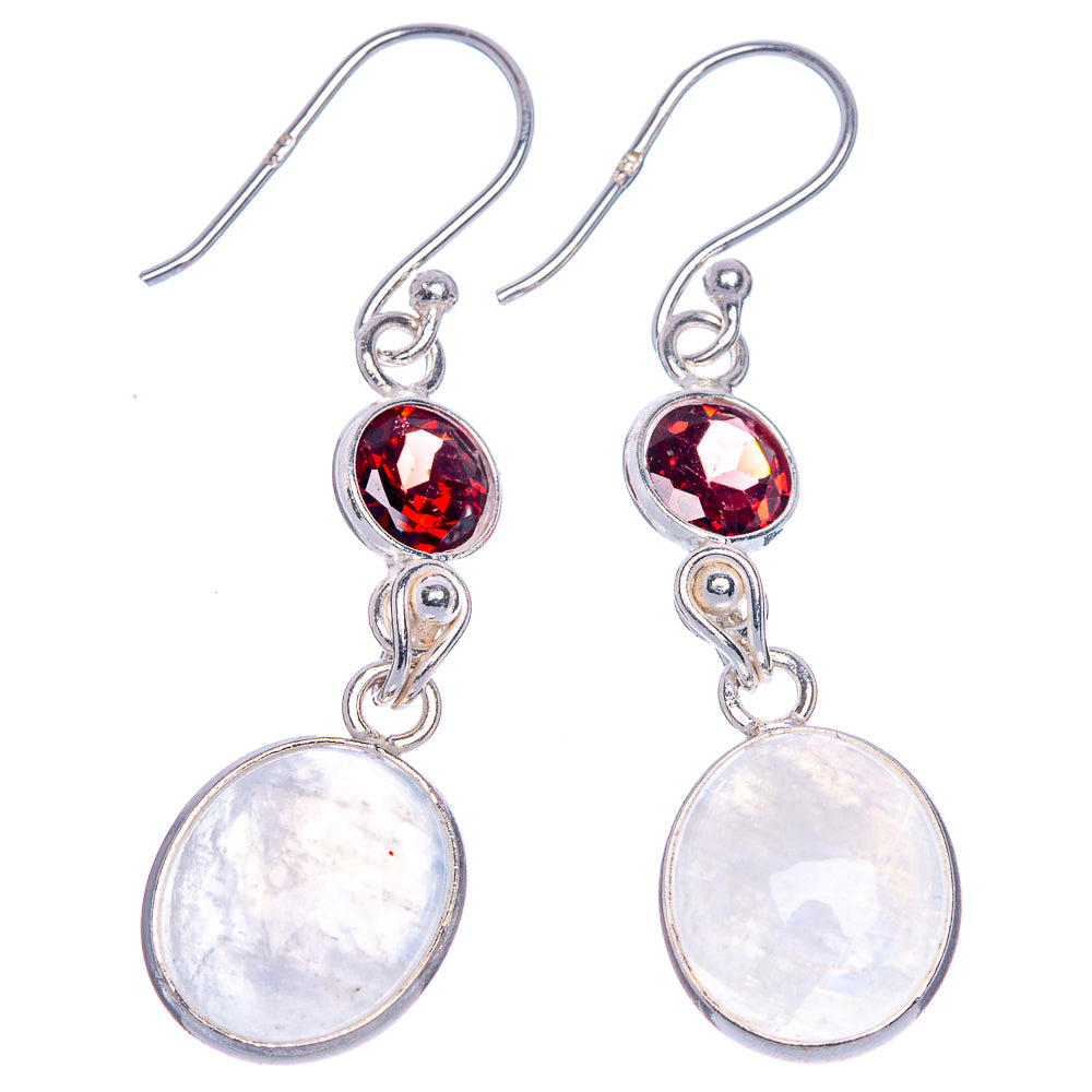 Rainbow Moonstone, Garnet Earrings 1 3/4" (925 Sterling Silver) E1067