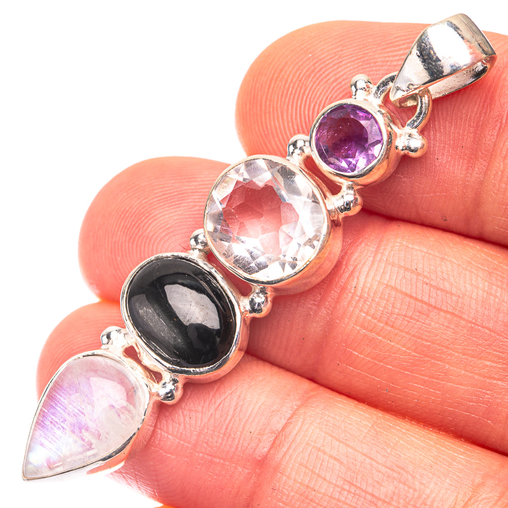 Rainbow Moonstone, Black Onyx, White Quartz, Amethyst Pendant 2" (925 Sterling Silver) P38708