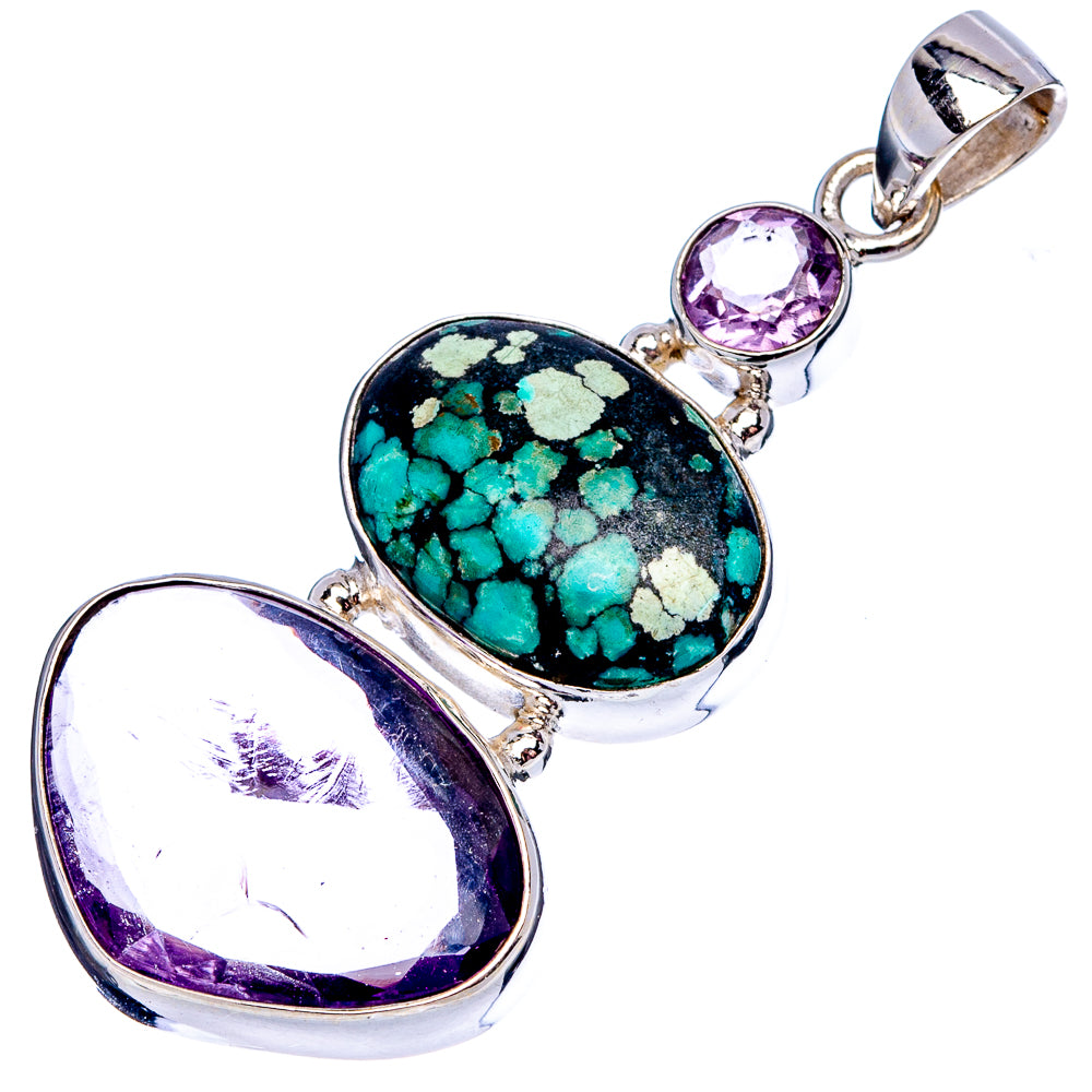 Premium Tibetan Turquoise, Amethyst Pendant 1 7/8" (.925 Sterling Silver)