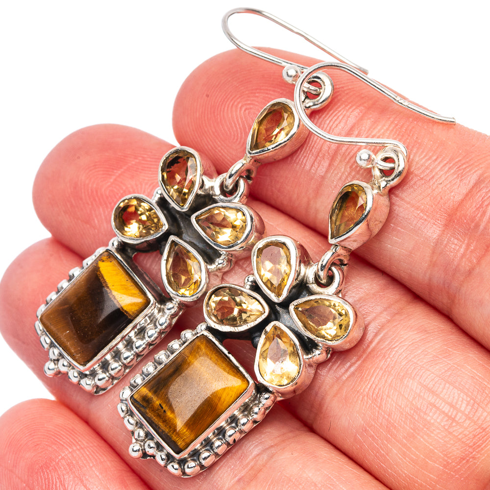 Premium Tiger Eye, Citrine Earrings 2 1/8" (925 Sterling Silver) E1584