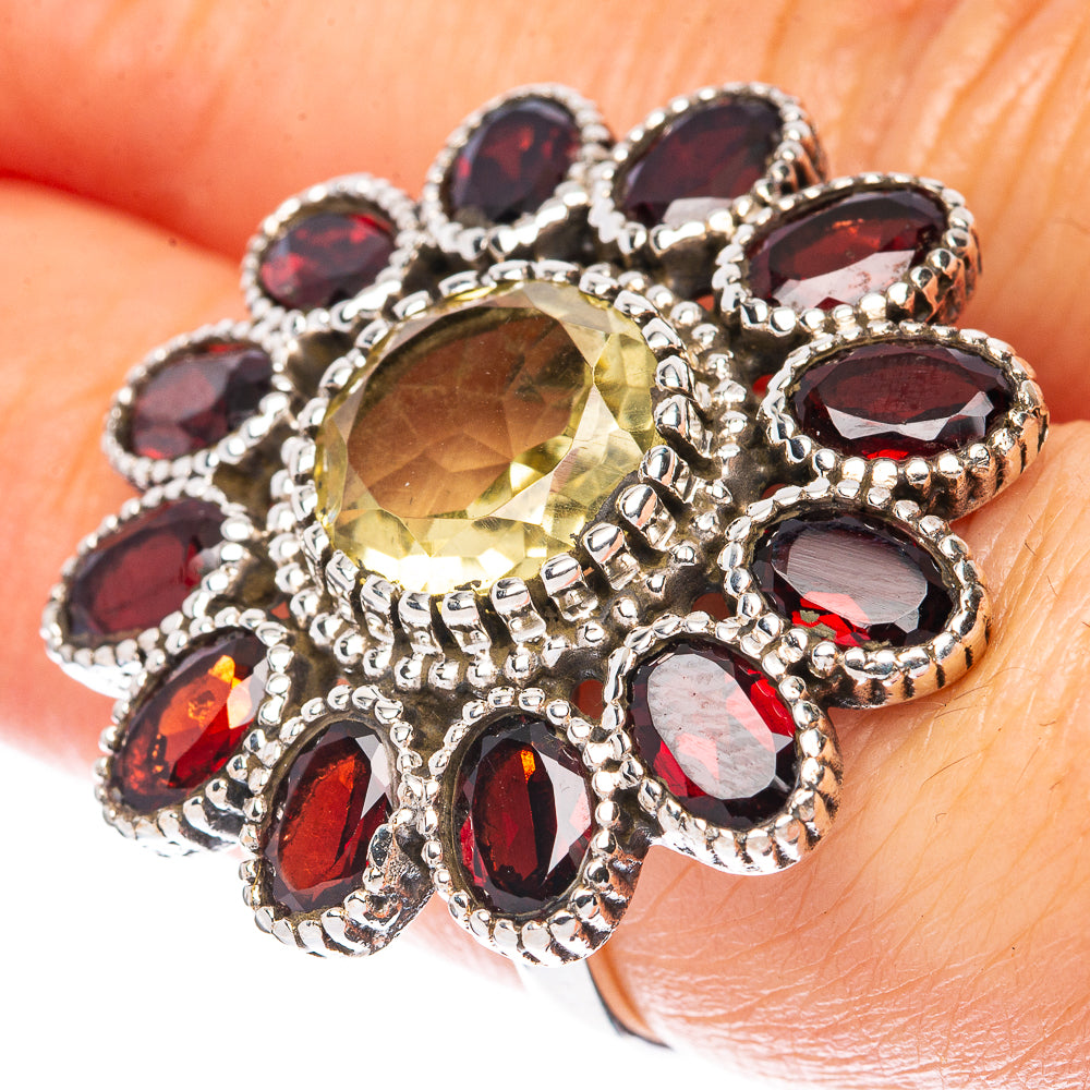 Faceted Citrine, Garnet Large Flower Ring Size 6.5 (925 Sterling Silver) R3115