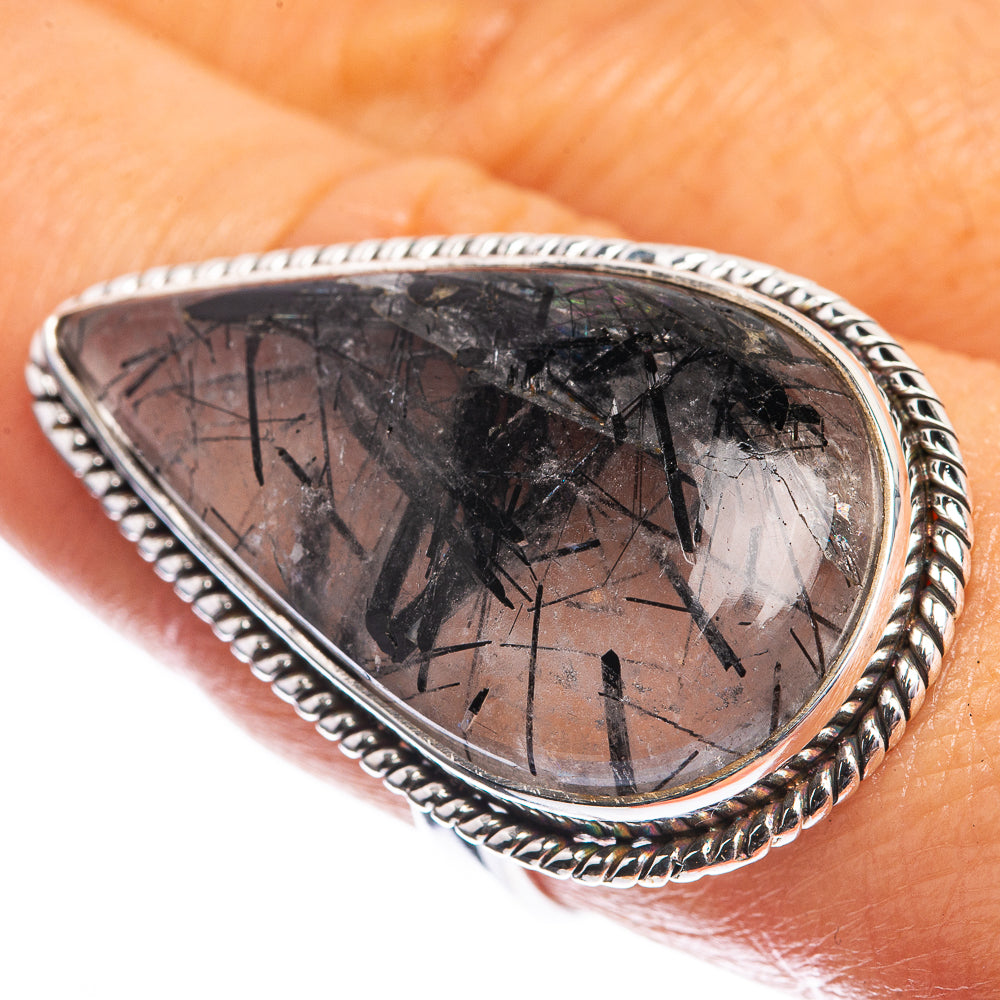 Large Tourmalinated Quartz 925 Sterling Silver Ring Size 8.5