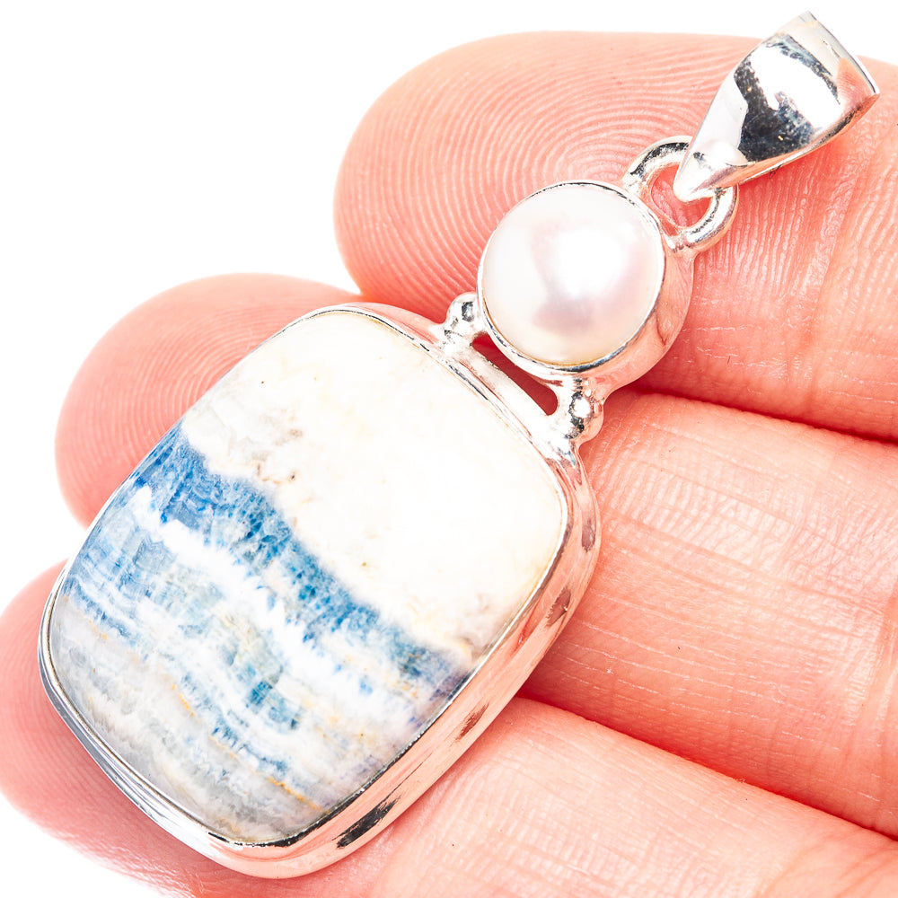 Blue Scheelite, Cultured Pearl Pendant 1 5/8" (925 Sterling Silver) P39234