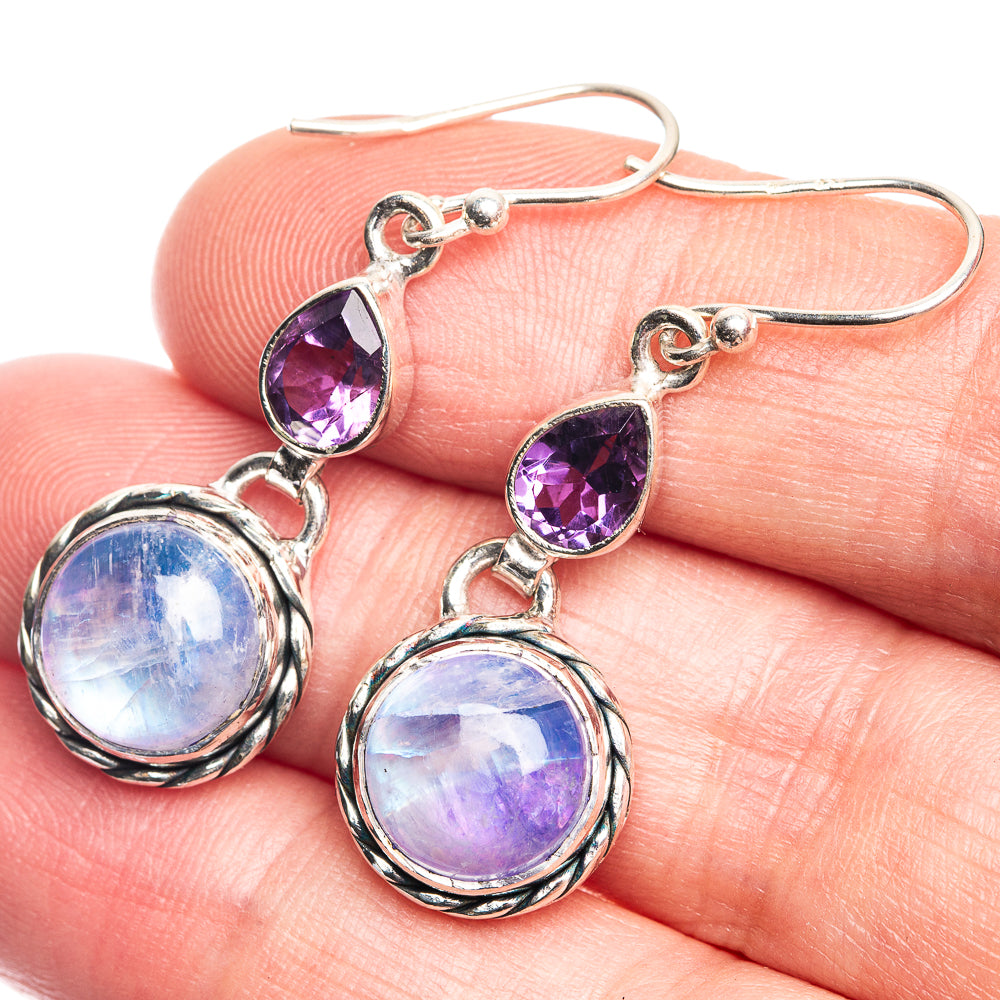 Rainbow Moonstone, Amethyst Earrings 1 1/2" (925 Sterling Silver) E432628