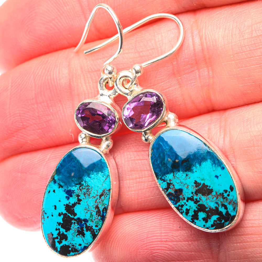 Shattuckite, Amethyst Earrings 1 5/8" (925 Sterling Silver) EARR432139