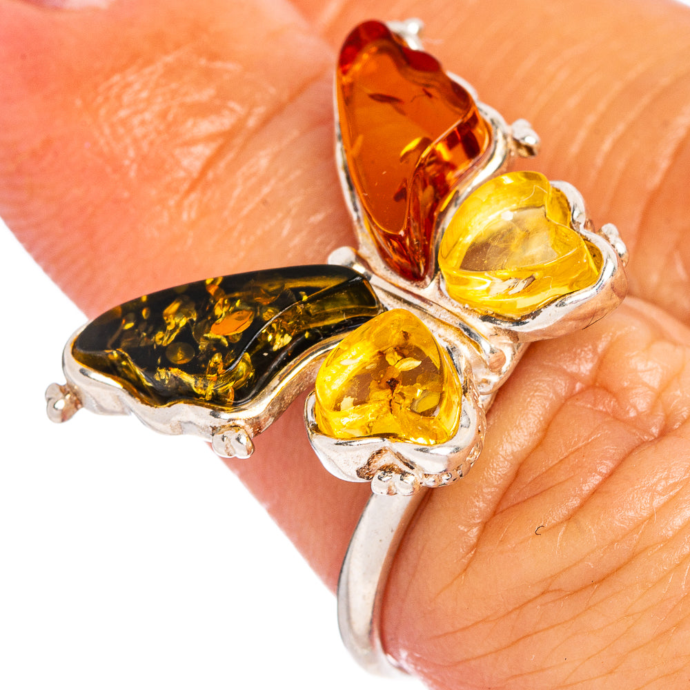Baltic Amber Butterfly Ring Size 6 Adjustable (.925 Sterling Silver)